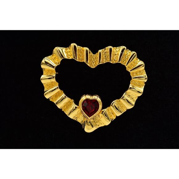 Vintage Heart Pin Brooch Red Rhinestone Crystal Gold Statement 1980s Bin1 - Picture 2 of 11